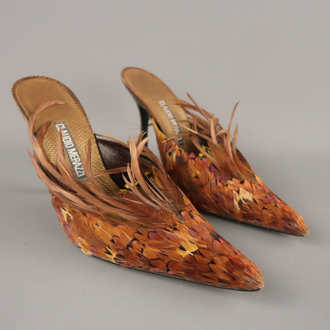 CLAUDIO MERAZZI Talla 10 Mules de plumas de faisán de cuero texturizado marrón