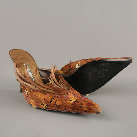 CLAUDIO MERAZZI Talla 10 Mules de plumas de faisán de cuero texturizado marrón