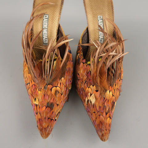 CLAUDIO MERAZZI Talla 10 Mules de plumas de faisán de cuero texturizado marrón