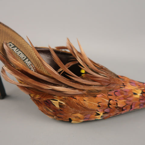 CLAUDIO MERAZZI Talla 10 Mules de plumas de faisán de cuero texturizado marrón