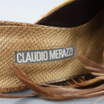 CLAUDIO MERAZZI Size 10 Brown Textured Leather Pheasant Feather Mules
