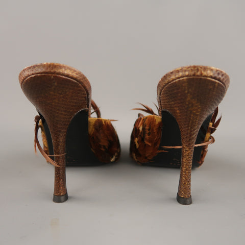 CLAUDIO MERAZZI Talla 10 Mules de plumas de faisán de cuero texturizado marrón