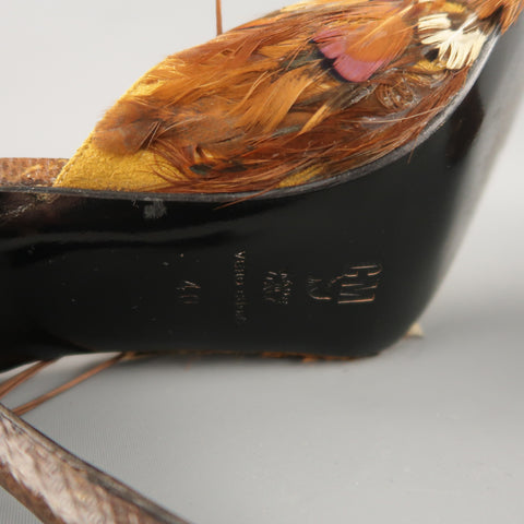 CLAUDIO MERAZZI Talla 10 Mules de plumas de faisán de cuero texturizado marrón