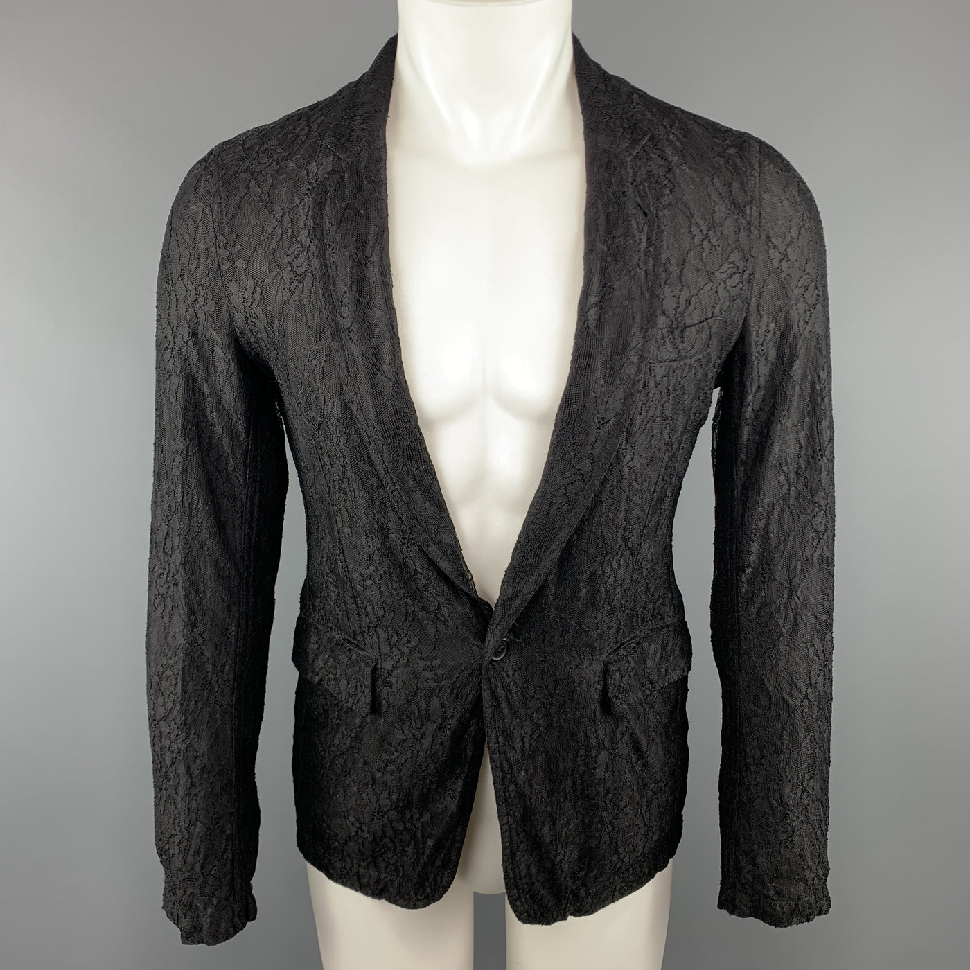 COMME des GARCONS HOMME PLUS S Black Lace Polyester / Rayon Notch Lapel Jacket