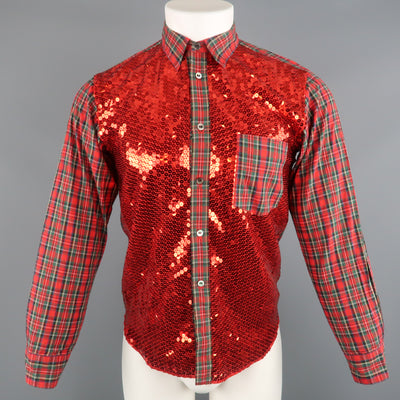COMME des GARCONS HOMME PLUS XS Red Plaid Cotton Sequin Front Button Up Shirt
