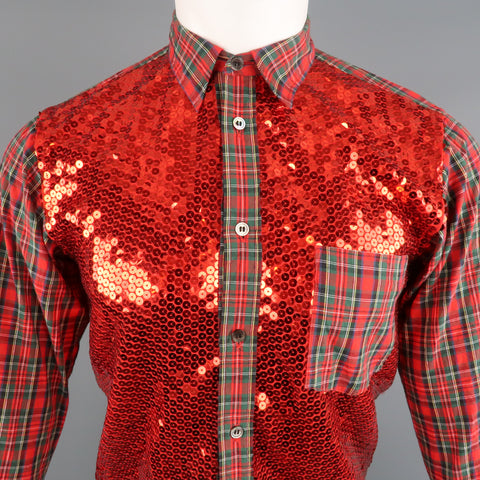 COMME des GARCONS HOMME PLUS XS Red Plaid Cotton Sequin Front Button Up Shirt