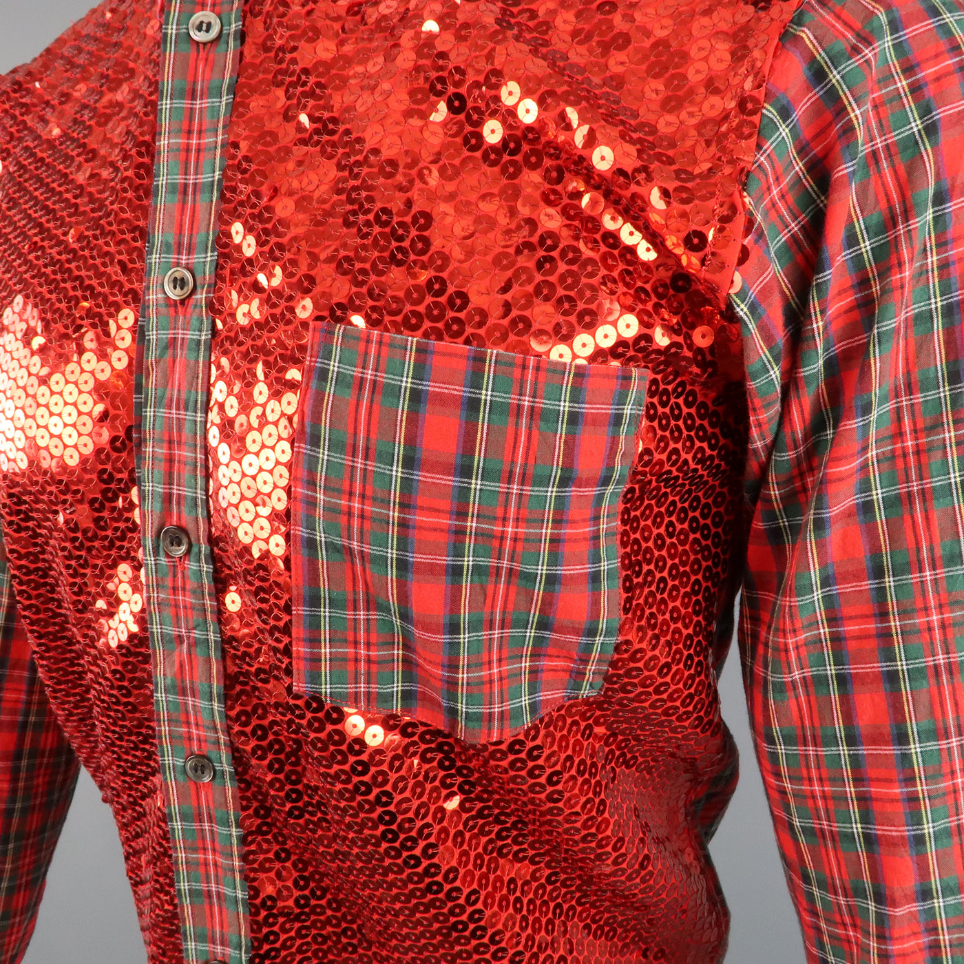 COMME des GARCONS HOMME PLUS XS Red Plaid Cotton Sequin Front Button Up Shirt