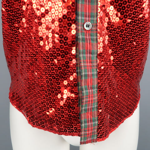 COMME des GARCONS HOMME PLUS XS Red Plaid Cotton Sequin Front Button Up Shirt