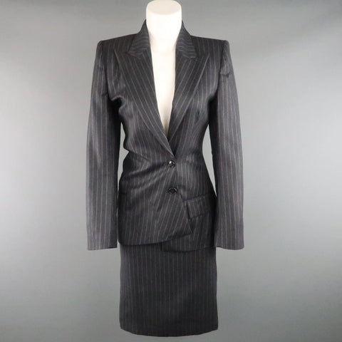 COPPERWHEAT BLUNDELL 12 Gray Pinstripe Wool Asymmetrical Peak Lapel Skirt Suit COPPERWHEAT BLUNDELL