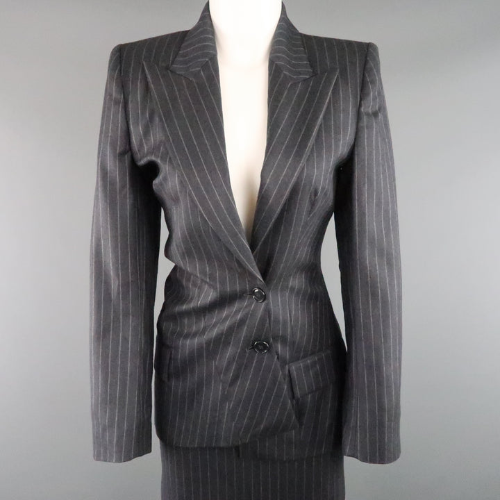 COPPERWHEAT BLUNDELL 12 Gray Pinstripe Wool Asymmetrical Peak Lapel Skirt Suit