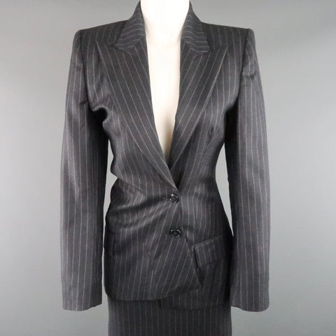 COPPERWHEAT BLUNDELL 12 Gray Pinstripe Wool Asymmetrical Peak Lapel Skirt Suit COPPERWHEAT BLUNDELL