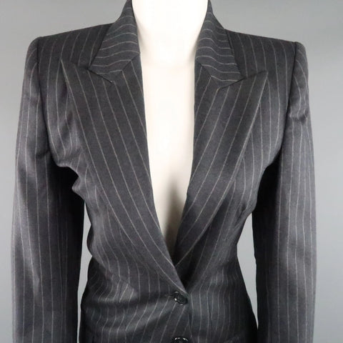 COPPERWHEAT BLUNDELL 12 Gray Pinstripe Wool Asymmetrical Peak Lapel Skirt Suit COPPERWHEAT BLUNDELL