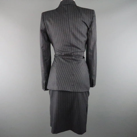 COPPERWHEAT BLUNDELL 12 Gray Pinstripe Wool Asymmetrical Peak Lapel Skirt Suit COPPERWHEAT BLUNDELL