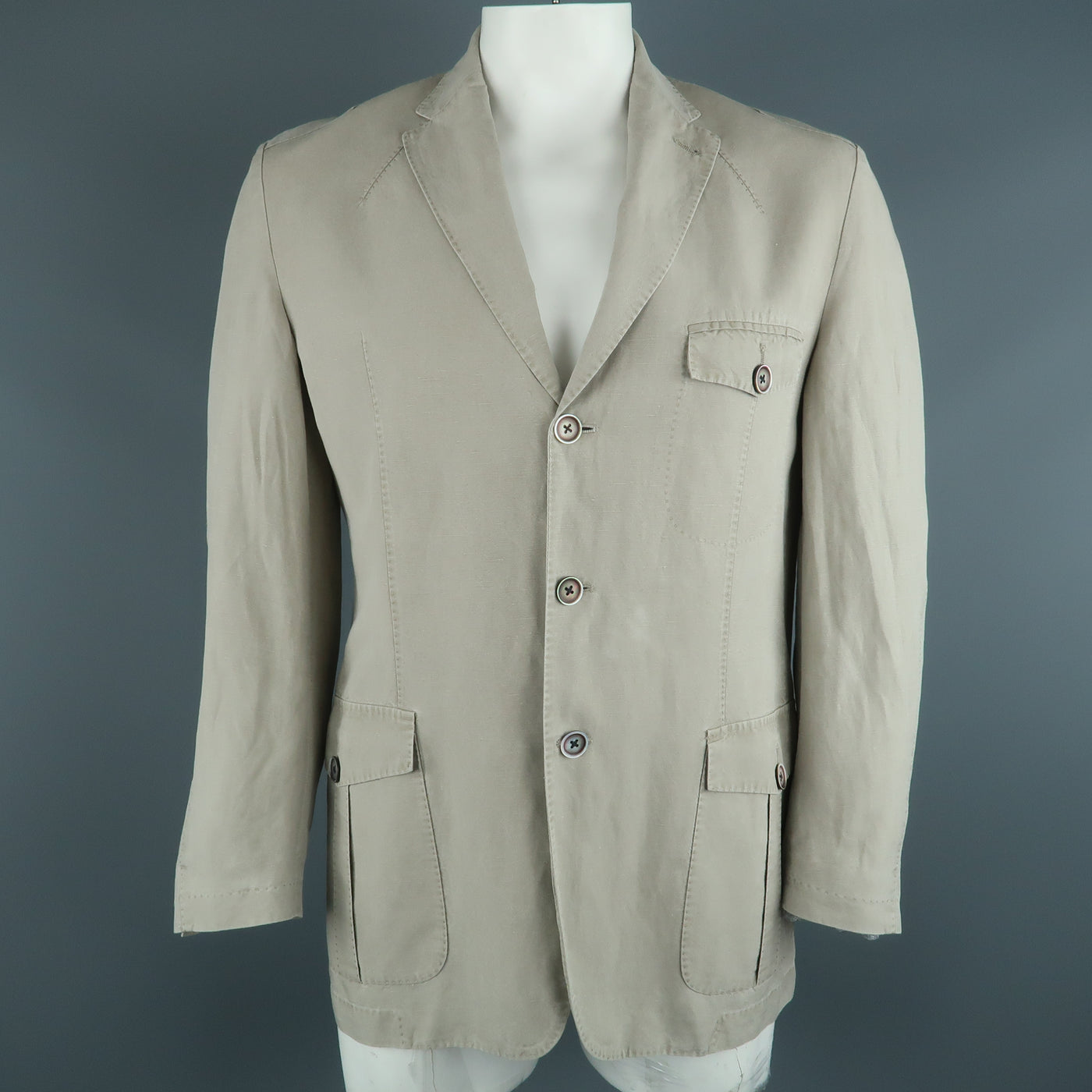 CORNELIANI Chest Size 44 Regular Khaki Solid Linen Blend Notch Lapel Sport Coat