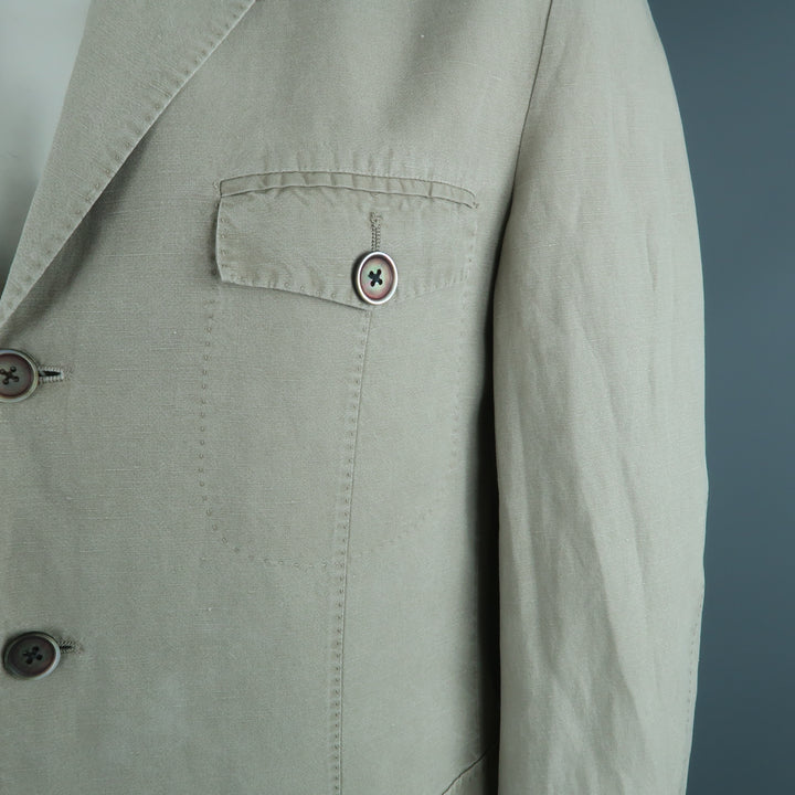 CORNELIANI Chest Size 44 Regular Khaki Solid Linen Blend Notch Lapel Sport Coat