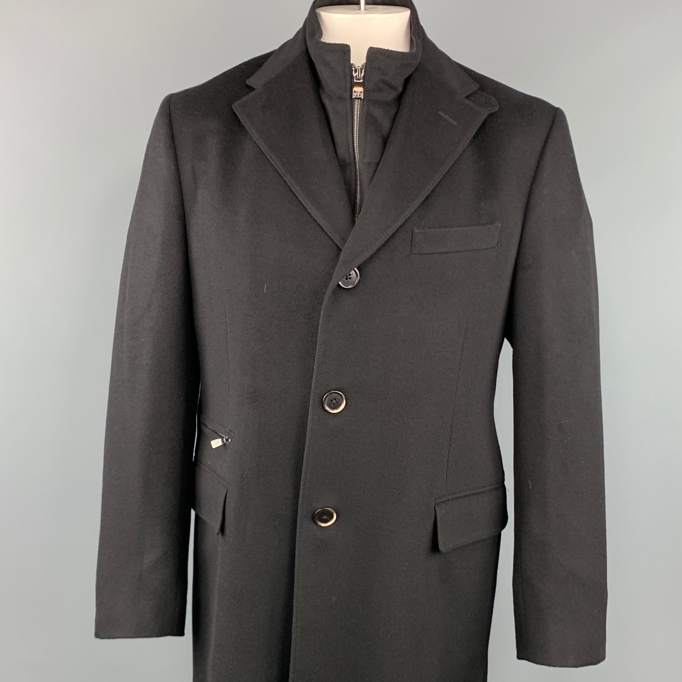 CORNELIANI ID 44 Black Solid Wool Notch Lapel Coat