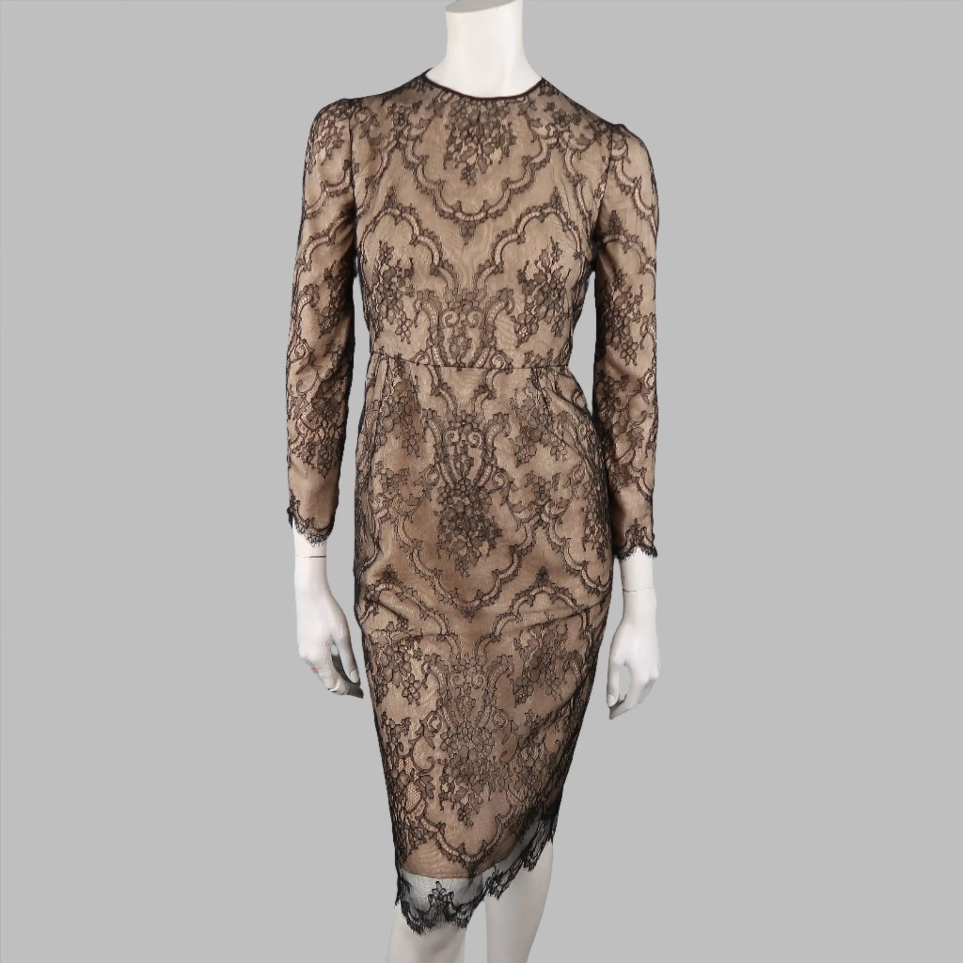 beige dress with black lace overlay DENNIS BASSO Size 4 Beige Black Lace Overlay Long Sleeve Cocktail Dress