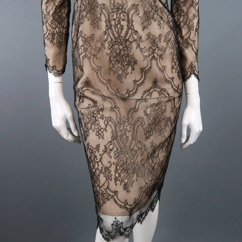 beige dress with black lace overlay DENNIS BASSO Size 4 Beige Black Lace Overlay Long Sleeve Cocktail Dress