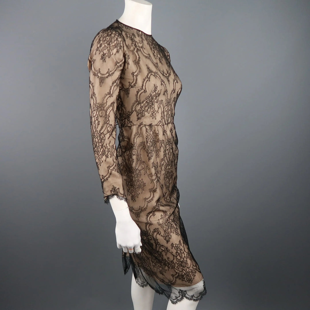 Dennis Basso Size 4 Beige Black Lace Overlay Long Sleeve Cocktail Dress Dennis Basso Size 4 Beige Black Lace Overlay Long Sleeve Cocktail Dress