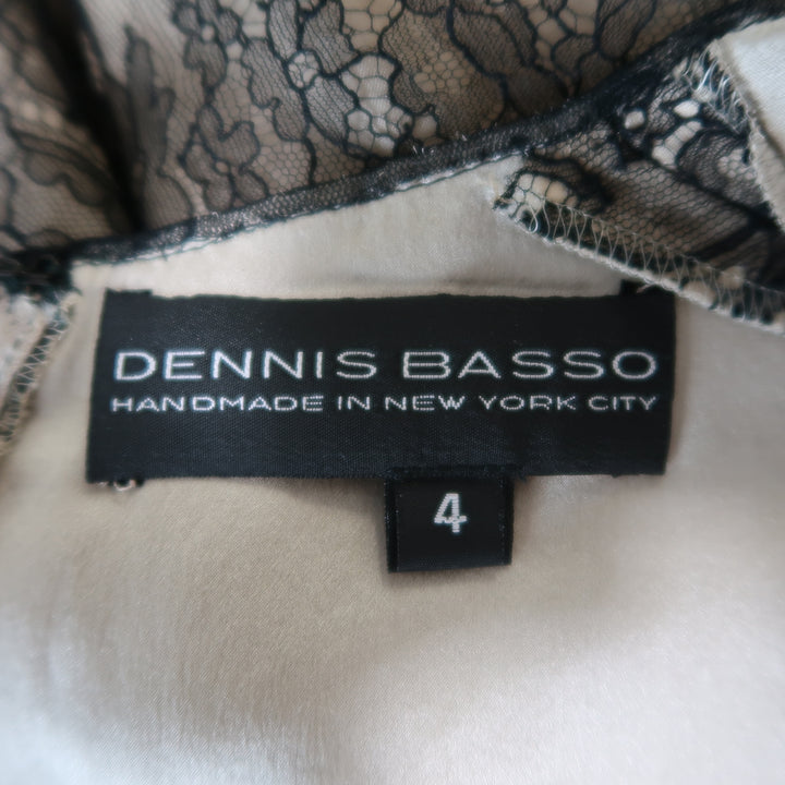 DENNIS BASSO Size 4 Beige Black Lace Overlay Long Sleeve Cocktail Dress