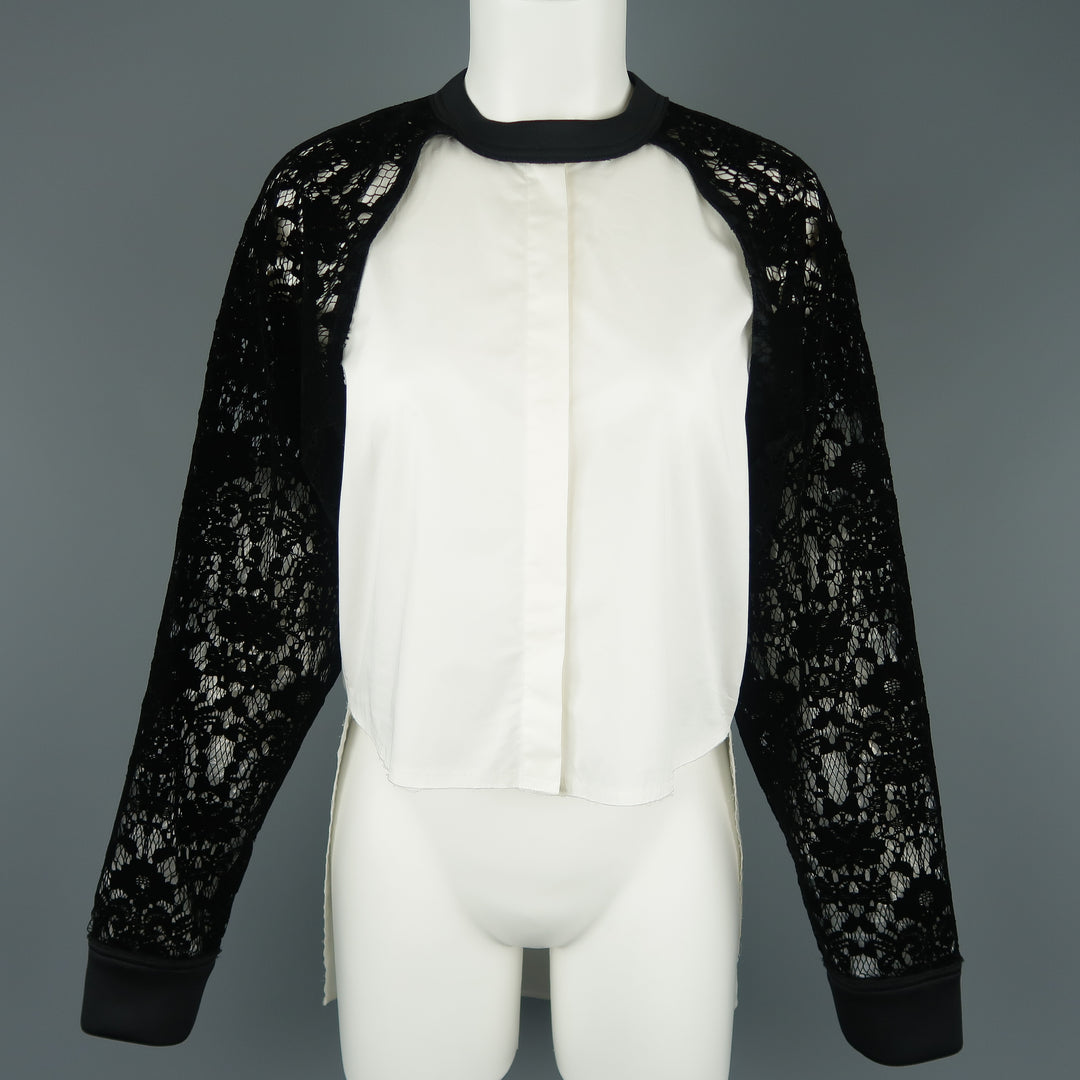 DKNY Size S Black & White Velvet Lace Sleeve High Low Shirt