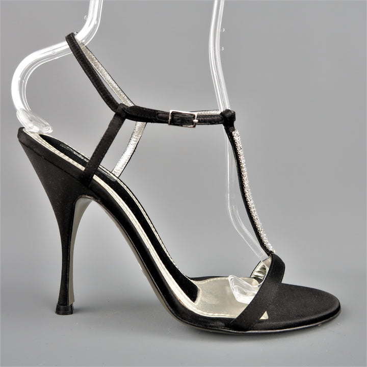DOLCE & GABBANA 10 Black Silk & Leather Rhinestone T Strap Ankle Harness Sandals