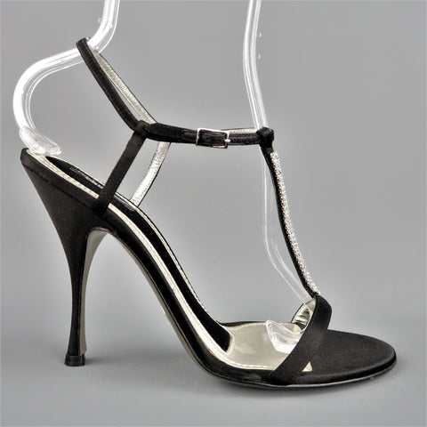DOLCE & GABBANA 10 Black Silk & Leather Rhinestone T Strap Ankle Harness Sandals DOLCE & GABBANA