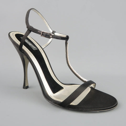 DOLCE & GABBANA 10 Black Silk & Leather Rhinestone T Strap Ankle Harness Sandals DOLCE & GABBANA