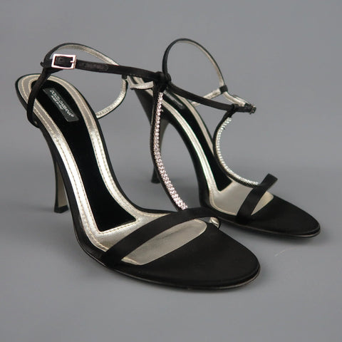 DOLCE & GABBANA 10 Black Silk & Leather Rhinestone T Strap Ankle Harness Sandals DOLCE & GABBANA
