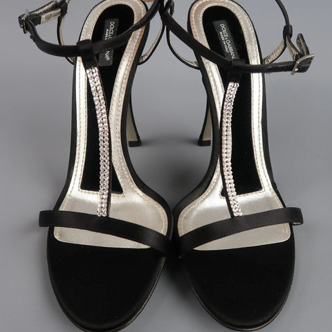 DOLCE & GABBANA 10 Black Silk & Leather Rhinestone T Strap Ankle Harness Sandals DOLCE & GABBANA