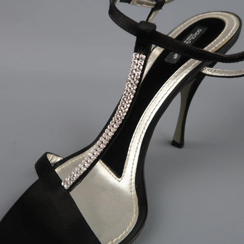 DOLCE & GABBANA 10 Black Silk & Leather Rhinestone T Strap Ankle Harness Sandals DOLCE & GABBANA