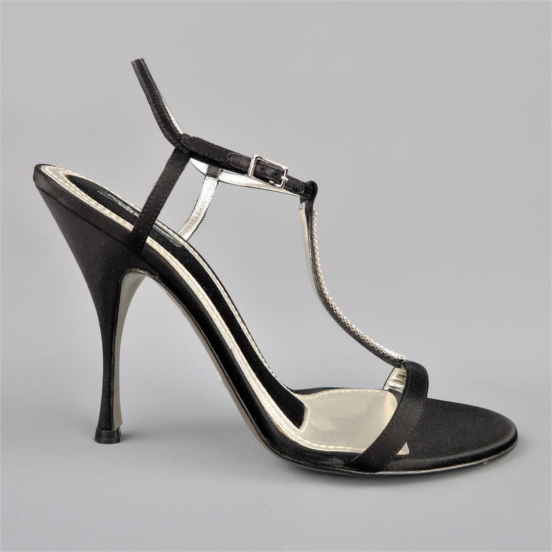 DOLCE & GABBANA 10 Black Silk & Leather Rhinestone T Strap Ankle Harness Sandals