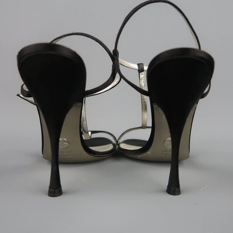 DOLCE & GABBANA 10 Black Silk & Leather Rhinestone T Strap Ankle Harness Sandals DOLCE & GABBANA