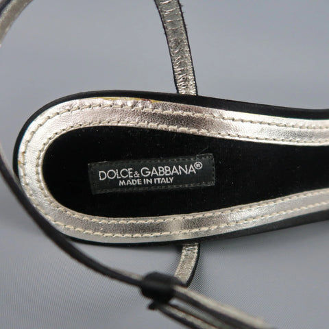 DOLCE & GABBANA 10 Black Silk & Leather Rhinestone T Strap Ankle Harness Sandals DOLCE & GABBANA