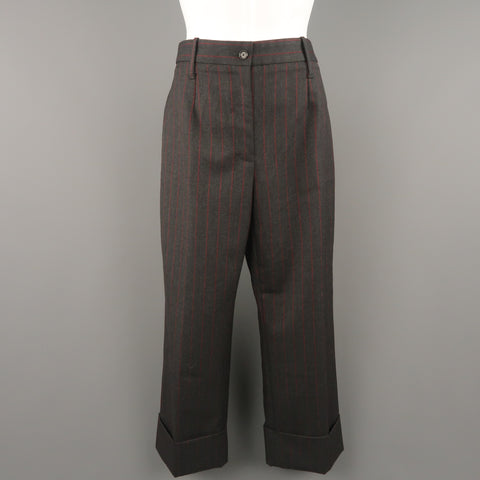 DOLCE & GABBANA Size 6 Charcoal & Red Chalkstripe Wool Cuffed Dress Pants