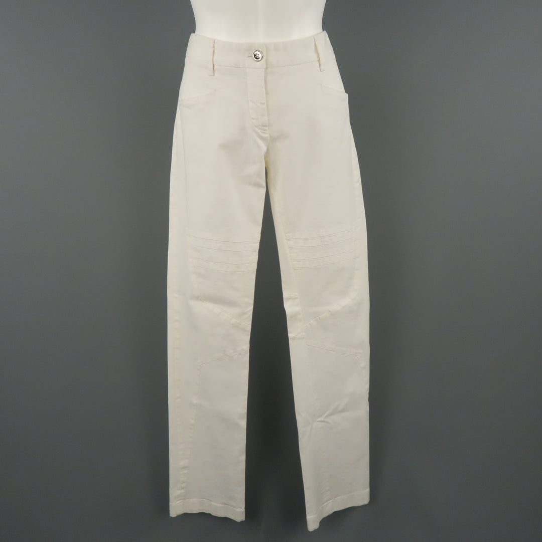 DOLCE & GABBANA Size 6 White Stretch Cotton Moto Detail Skinny Pants
