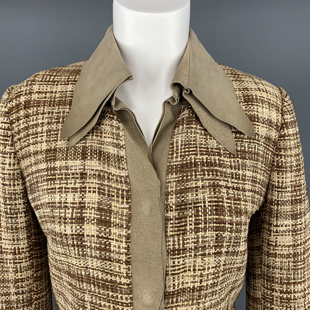 DOLCE & GABBANA Size 8 Beige & Brown Woven Silk Leather Trim Jacket