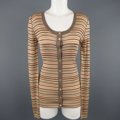 DOLCE & GABBANA Size 8 Beige Rayon / Silk Striped Scoop Neck Cardigan DOLCE & GABBANA