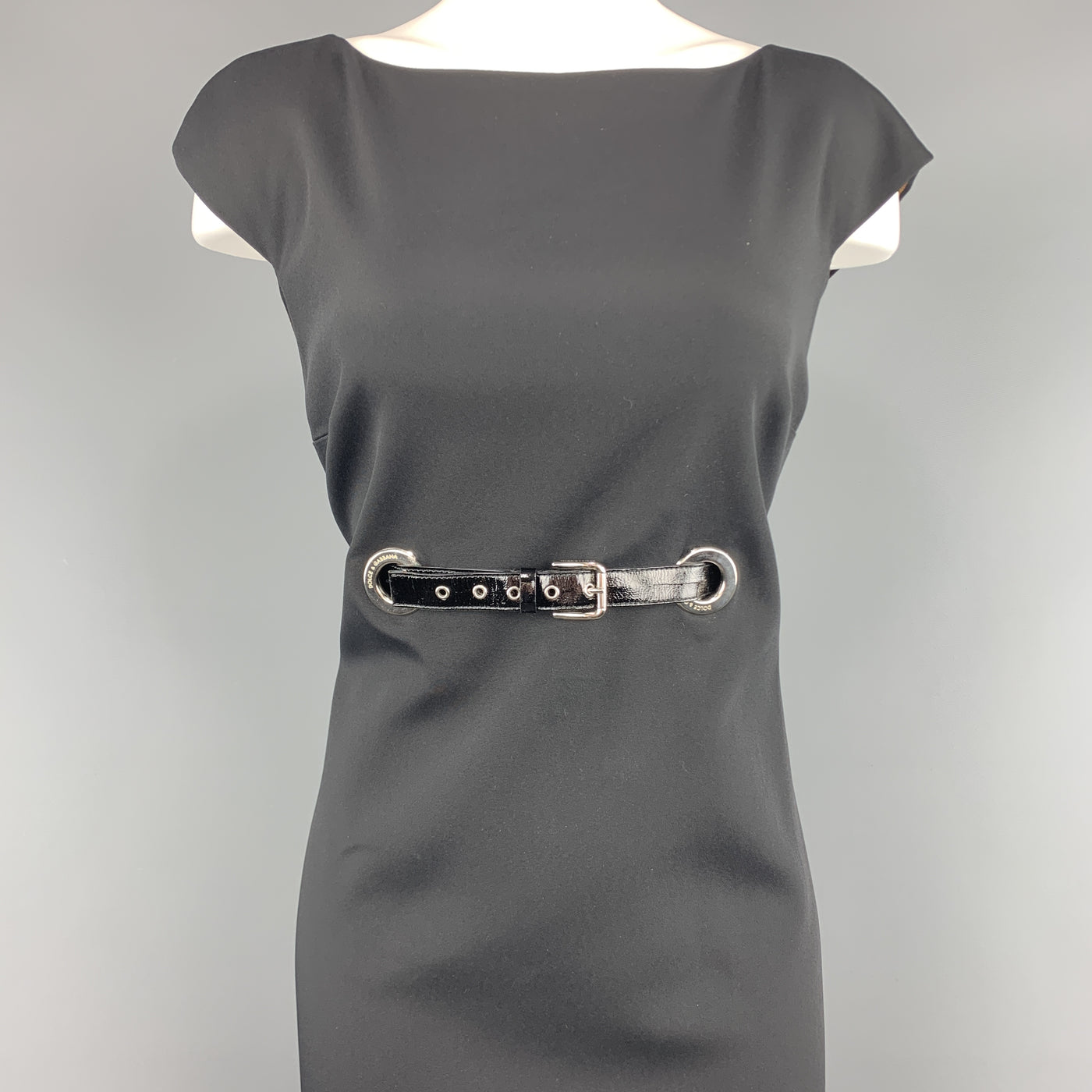 DOLCE & GABBANA Size 8 Black Patent Belt Grommet Shift Dress
