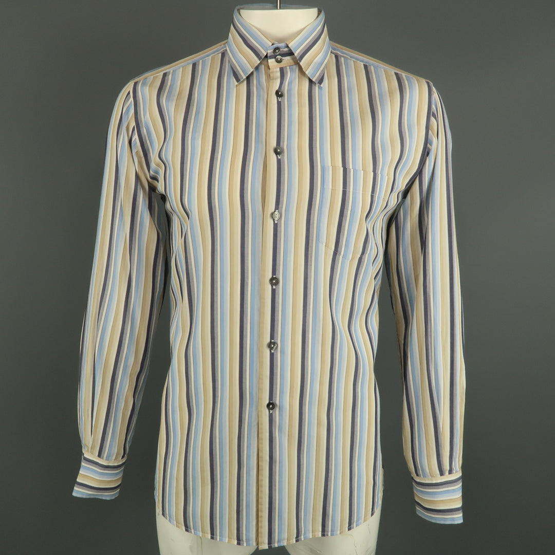 DOLCE & GABBANA Size L Blue & Khaki Stripe Cotton Button Up Long Sleeve Shirt