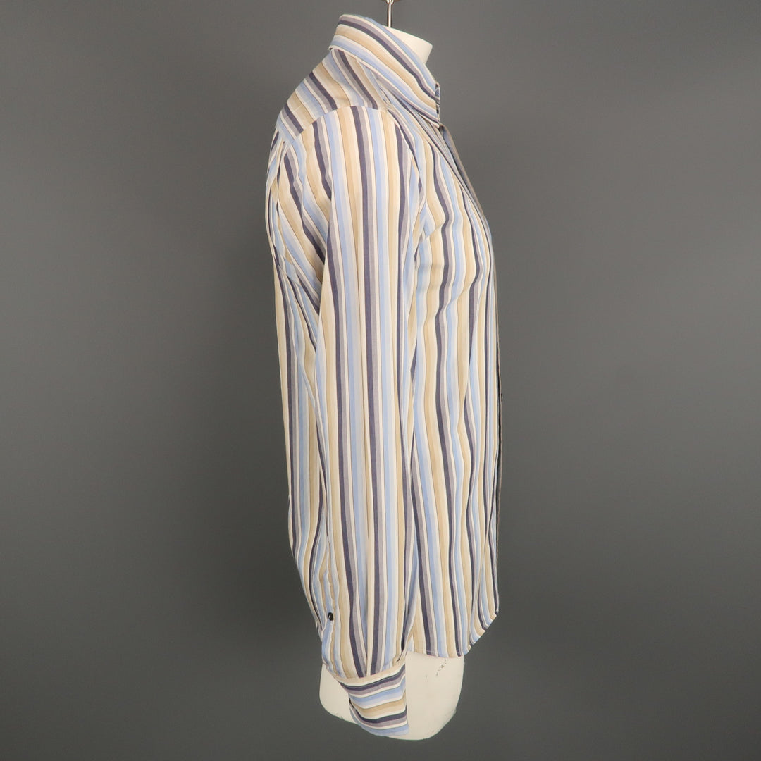 DOLCE & GABBANA Size L Blue & Khaki Stripe Cotton Button Up Long Sleeve Shirt
