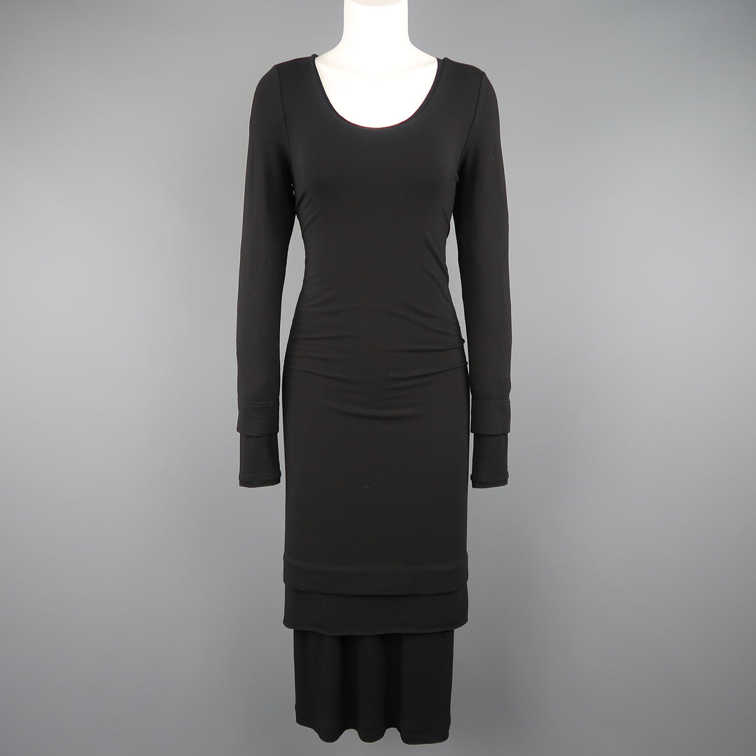 DONNA KARAN Size M Black Layered Jersey Long Sleeve Maxi Sheath Dress