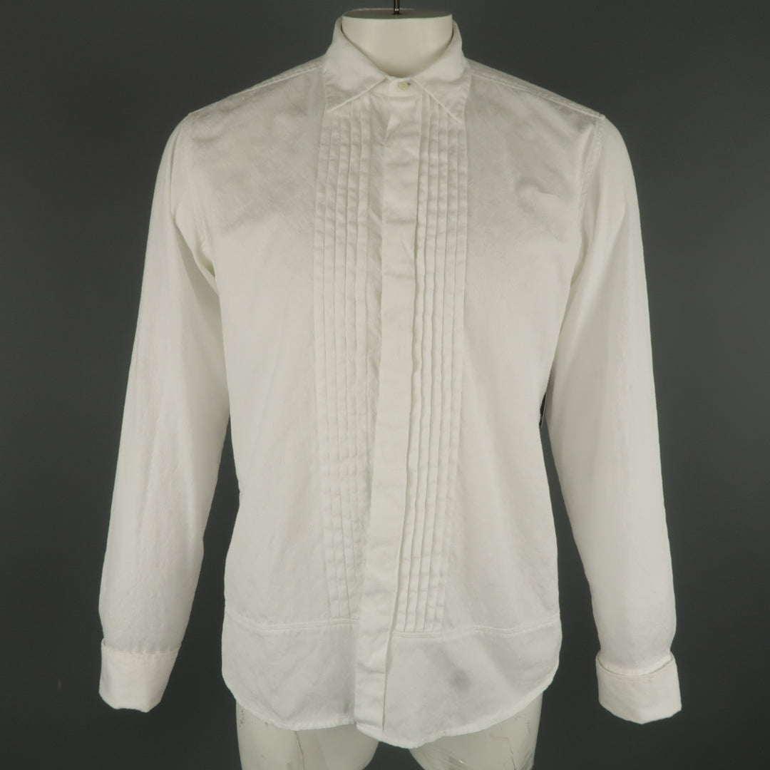 DRIES VAN NOTEN L White Jacquard French Cuff Pleated Front Long Sleeve Shirt