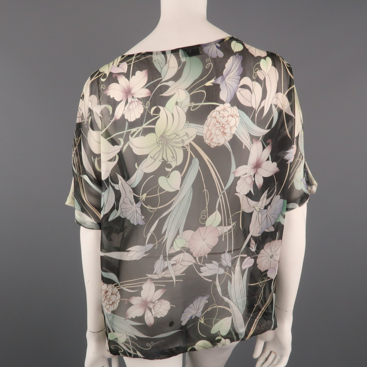DRIES VAN NOTEN Size 10 Grey Floral Silk Chiffon Asymmetrical Blouse