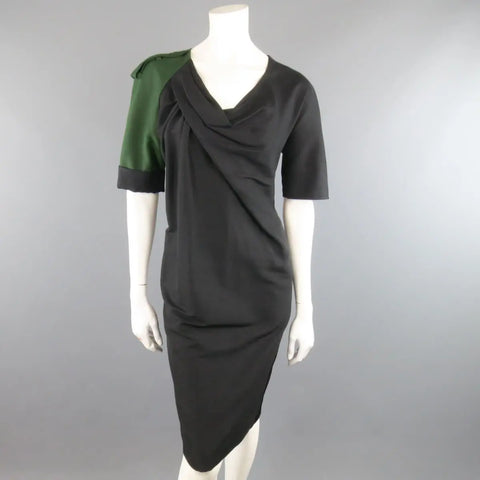 DRIES VAN NOTEN Size 2 Asymmetrical Black Draped Green Military Sleeve Dress DRIES VAN NOTEN
