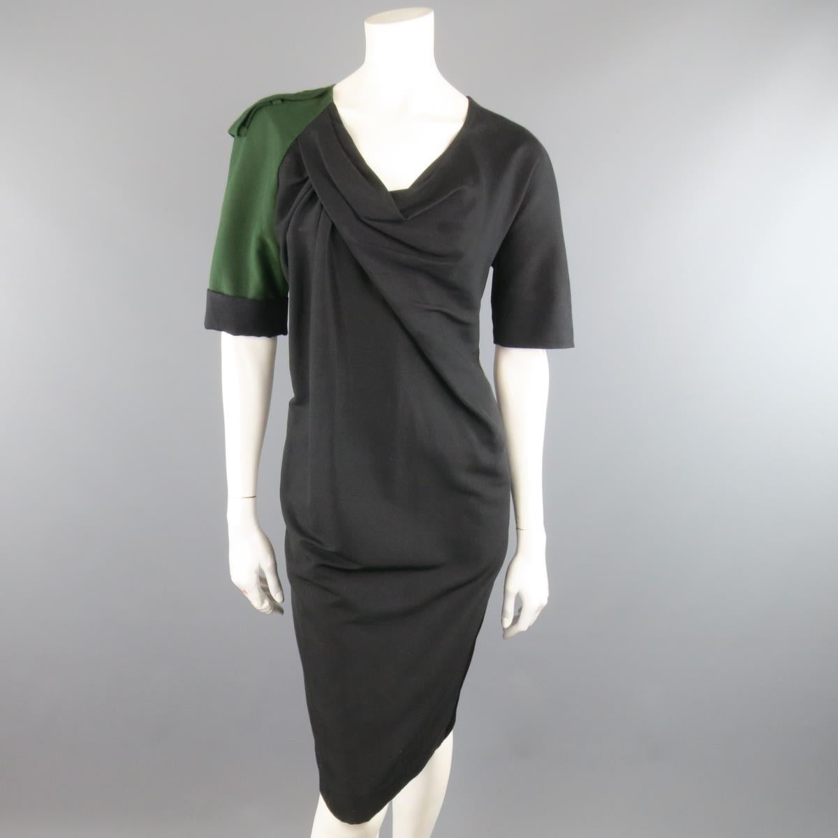 DRIES VAN NOTEN Size 2 Asymmetrical Black Draped Green Military Sleeve Dress