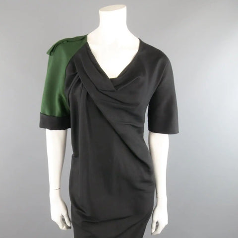 DRIES VAN NOTEN Size 2 Asymmetrical Black Draped Green Military Sleeve Dress DRIES VAN NOTEN