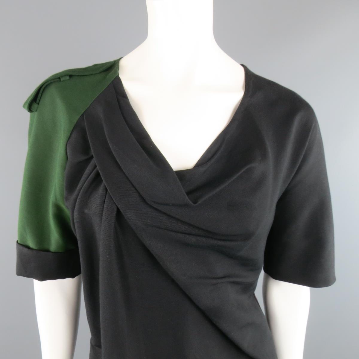 DRIES VAN NOTEN Size 2 Asymmetrical Black Draped Green Military Sleeve Dress