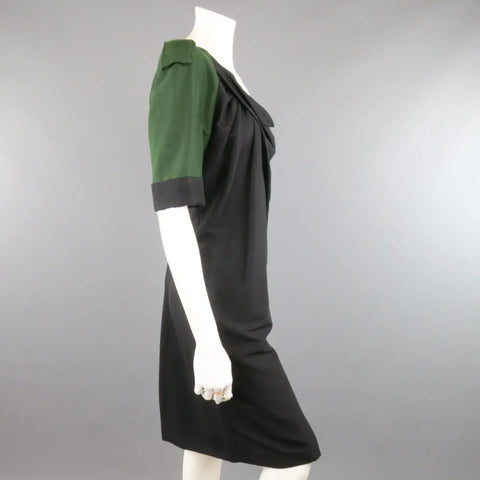 DRIES VAN NOTEN Size 2 Asymmetrical Black Draped Green Military Sleeve Dress DRIES VAN NOTEN