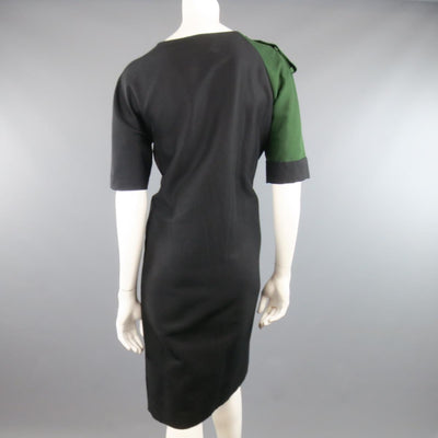 DRIES VAN NOTEN Size 2 Asymmetrical Black Draped Green Military Sleeve Dress